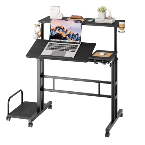 Dripex Standing Desk, Height Adjustable Rolling Desk with Tilting Table Top, Sit-Stand Workstation with Wheels, Cup Holder, Hook, 80 x 60 cm, laptop Table, Workstation for Home and Office