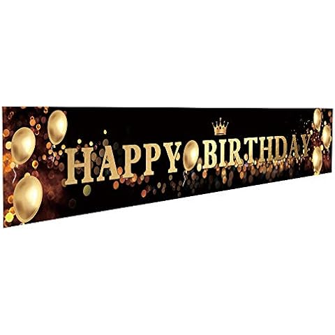 Ushinemi Happy Birthday Banner Party Signs for Birthday Backdrop, Large, Black and Gold Cover