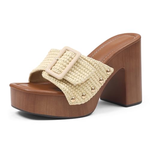 Oiamenne Raffia Heeled Sandals for Women Platform Sandals Square Open Toe High Block Heeled Sandals Slip On Slides Mules for Party Dressy Shoes Size 7.5 by Oiamenne - Used condition - US$42.93