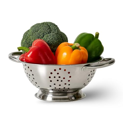 Escurridor de acero con asas, Colador de cocina, Colador multiusos, escurridor pasta, escurridor para frutas y verduras, Diámetro superior 28 cm, Altura 13.5 cm, Libre de BPA, Acero inoxidable