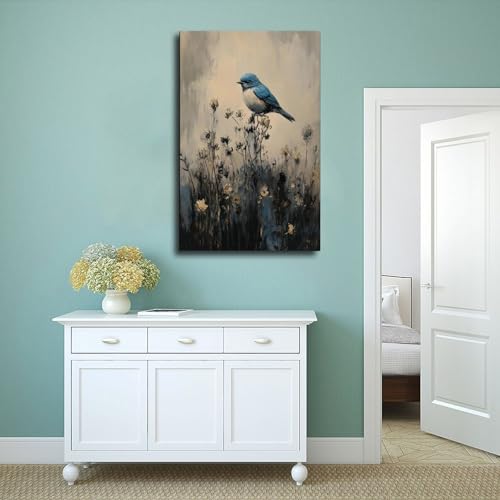 Impression sur toile oiseau bleu Moody de QITUBVAF en format 40 x 60 cm