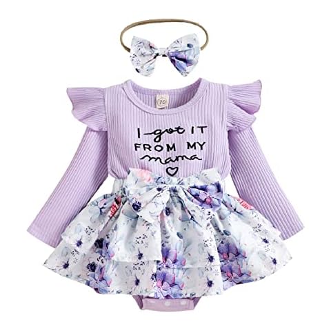 Newborn Baby Girl Lace Romper Clothes Set Dress Style Long Slevee Ribbed Knitted Floral Pattern Onesies Bodysuit Jumpsuit with Bow-Knot Headband Outfits (Purple,6-12 Months) Cover
