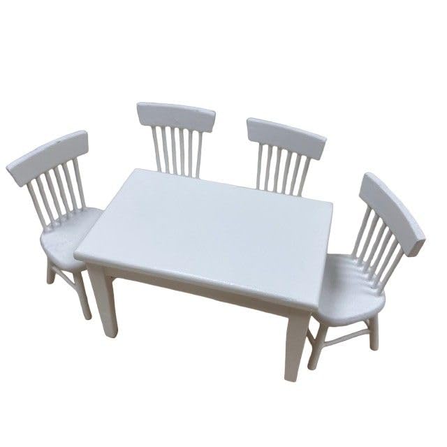 Dolls House Kitchen Table and Chairs Set, 1:12 Scale, White, Rectangular Table, 4 Chairs, Miniatures, Wood - Image 2