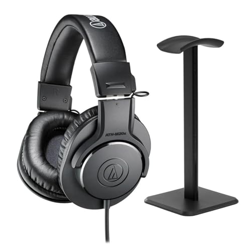 Audio-Technica ATH-M20x Closed-Back Over-Ear Professional Monitor Headphones, Black, Bundle with Desktop Stand