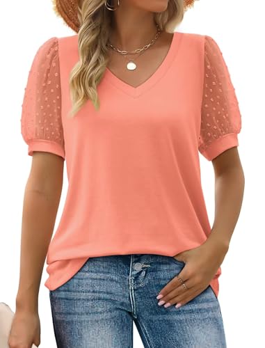 Aokosor Damen Sommer Tops V-Ausschnitt T-Shirt Schweizer Punkt Puffy Ärmel Shirts Koralle XL