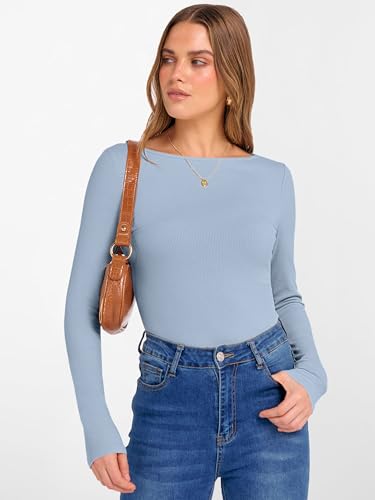Image of ANRABESS Women's Boat Neck Long Sleeve Shirts Rib Knit Slim Fitting Tops Basic Tees 2026 Casual Comfy Fall Outfits Clothes