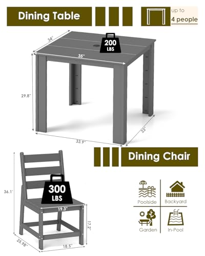 Image of GREENVINES 5PCS Patio Dining Set, HDPE Square Table & 4 Side Chairs, Gray