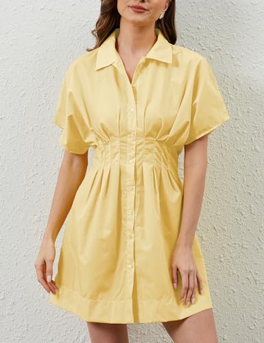 Image of MISSACTIVER Women Pleated Button Down Shirt Dress Short Sleeve Striped Corset Mini Dresses Casual Summer Short Dress