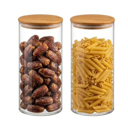 Image of Round Borosilicate Glass Jar with Bamboo Lid, 1500ml (Pack of 2)