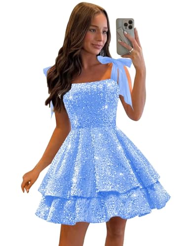 TORYEMY Sequin Short Homecoming Dresses with Bow Tiered Spaghetti Straps Sparkly Cocktail Party Dresses for Teens