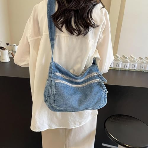 Image of Kawn Denim Shoulder Bag for Women, Canvas Aesthetic Crossbody Bag, Lightweight Hobo Handbags, Retro Messenger Bag for Teen Girls, Casual Style Jeans Purse for everyday Use with Zipper Pockets