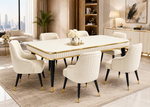 Image of WOODEN SPACE 6-Seater Wooden Dining Table Set | Nano Composite Marble Top | Solid Wood Base | Modern Dining Room Furniture with 6 Chairs (Beige Modern Zyro)