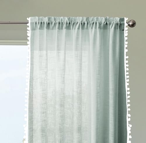 Image of HOMEMONDE Sheer 8 Feet Curtains with Border Pompoms- Long Door Panels, Sun Light Filtering, Top Style Rod Pocket - (Silver Grey, One Pcs)