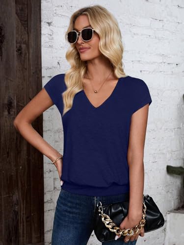 Sialois Womens Short Sleeve Tops V Neck Banded Bottom Dressy Casual Cap Sleeve Blouses Summer Trendy Tee Shirts 2026 Vacation Fashion Clothes 2026 Capsule Wardrobe Essentials,Navyblue,XL — view 6