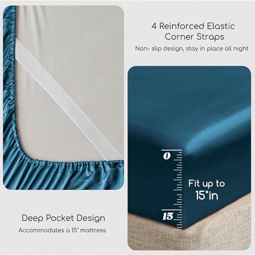 Image of MR&HM Satin Bed Sheets, King Size Sheets Set, 4 Pcs Silky Bedding Set with 15 Inches Deep Pocket for Mattress (King, Teal)