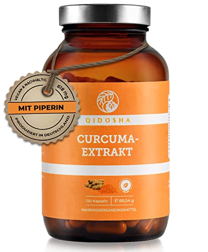 QIDOSHA® Kurkuma Extrakt Kapseln hochdosiert mit Piperin, 120 Stk, 618 mg Curcuma Extrakt Kapseln, davon 316 mg reiner Curcuma-Extrakt mit hohem Curcumin-Anteil, vegan, laborgeprueft