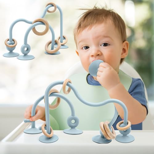 AiTuiTui Baby Toys Multi Purpose High Chair Suction Toy for Toddler 6 7 8 9 12 Months Sensory Toys with Wooden Ring Suitable for 1 2 Years Infant Gifts Blue