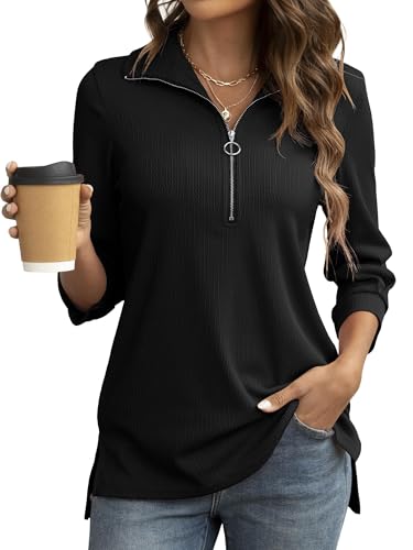 Cuptacc Poloshirt Damen 3/4 Ärme Half Zip Tops Hemdbluse Loose Bluse Casual Tunika Herbst Schwarz XL 46-48