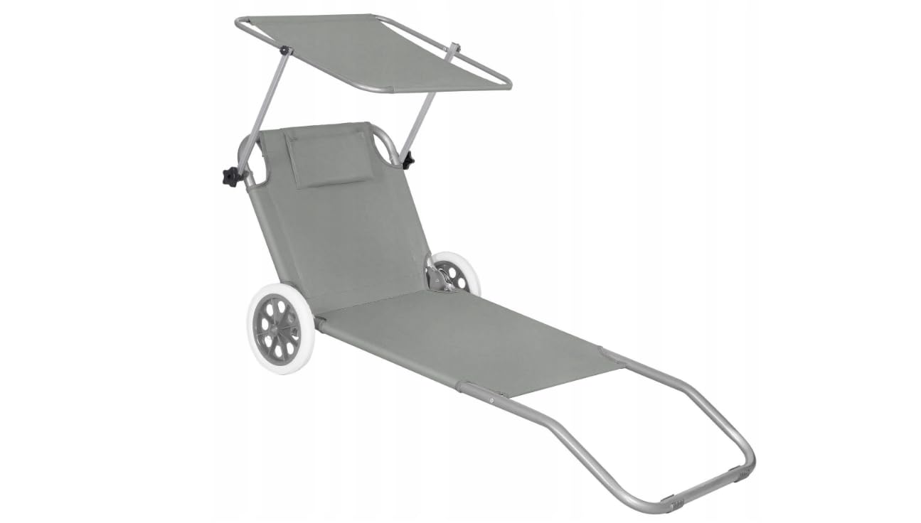 Chaise Longue Universelle Pliable avec Roues et Toit Pare-Soleil - Chaise Longue de Plage réglable et Confortable avec Oreiller - Parfait pour Les familles, Le Jardin, la Plage et Les Pique (Gris)