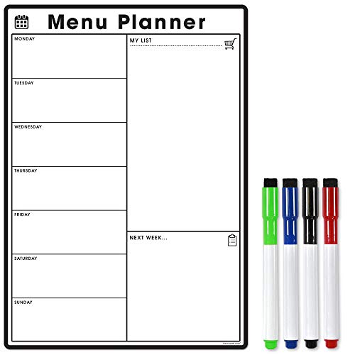 The Magnet Shop Magnetic A4 Weekly Planner and Organiser u0096 Fully Customisable Whiteboard Menu for Preparing Your Shopping List and Meal Planning - with 4 Free Magnetic Dry Wipe Pens (Black, A4)