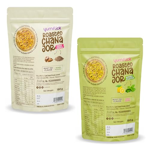 Image of Yumflick Roasted Chana Jor - Nimbu Pudina & Hing Jeera Flavour | Pack of 2 (180g x 2) | High Protein & Fibre | Roasted Not Fried | Gluten-Free | No MSG | No Palm Oil | Zero Cholesterol Snack