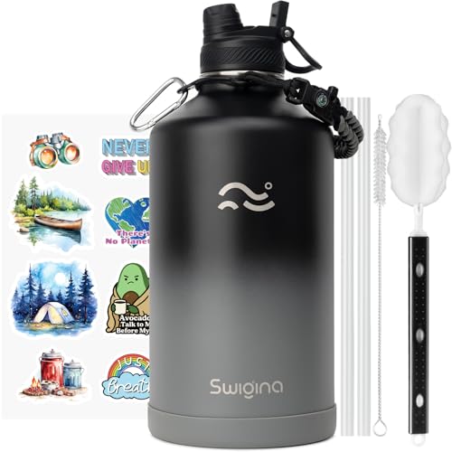 Image of Swigina [2-IN-1 LID] Gallon Insulated Water Bottle with Silicone Boot (48hrs Cold /24hrs Hot) - DIY Stickers, Leakproof, BPA Free, 128 oz