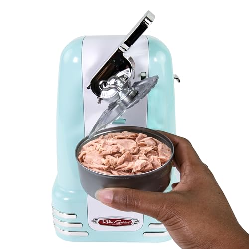 Image of Nostalgia Retro Electric Can Opener for Kitchen with Magnetic Lid Remover, Knife Sharpener, and Soda or Beer Bottle Opener, Aqua