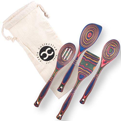 Pakka Wooden Spoons Set - Exotic Pakkawood Utensils for Serving & Cooking - Non-Stick Spoon, Slotted Spoon, Corner Spoon, and Spatula for All Cookware - Lightweight & Heat Resistant