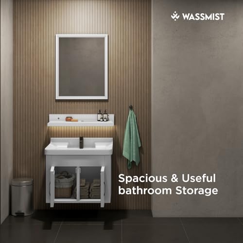 Image of WASSMIST Bathroom Vanity Washbasin Cabinet with Mirror & Shelf | Wall Mounted Wash Basin with Cabinet Full Set | Waterproof & Unbreakable (White)