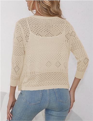 REDHOTYPE Women's 3/4 Sleeve Cardigan Open Front Cropped Shrugs Summer Hollowed Lightweight Cardigans Sweater (S-XL)4