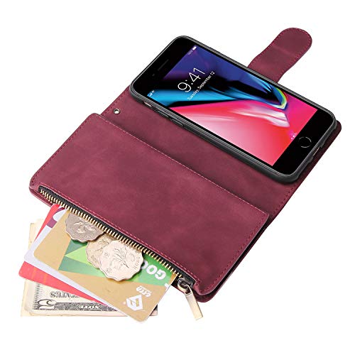 CHICASE Wallet Case for iPhone SE 2020,iPhone 7/8 Case,Leather Handbag Zipper Pocket Card Holder Slots Wrist Strap Flip Protective Phone Cover for Apple iPhone 7/8/iPhone SE 2020(Wine Red)