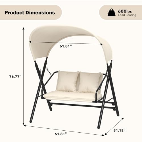 Image of AECOJOY Outdoor Porch Swings for Adults 600LBS 2 Seat Patio Swings with Canopy Stand Thick Cushion Pillows Metal Steel Frame Patio Swing Chair for Garden Yard Deck Poolside Easy Assembly
