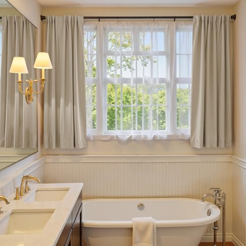 Image of Beige Velvet Curtains Neutral Rod Pocket 52x63 Inch 2 Panels | Soft Velvet, Room Darkening, For Small Windows, Kitchens & Bathrooms, Light Shifting Texture, Elegant Drape, Cozy