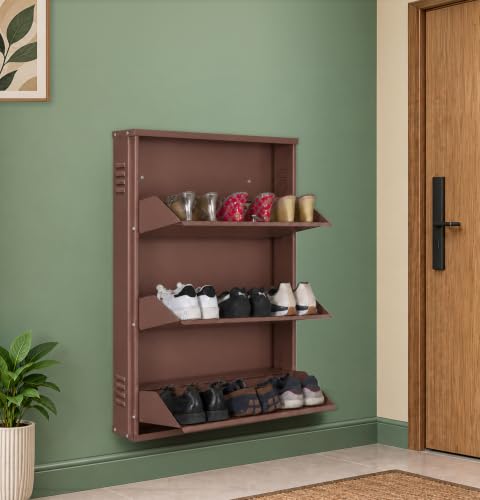 Image of DELITE KOM AIRO 24 inch 3 Shelf Metal Shoe Rack Wall Mounted for Home with Lock | Air-Vent Designer Panels Keep Shoes Odour-Free | Holds 9 Shoes or 15 Slipper Pairs | 1Yr Warranty | 41x24x5 Coffee | DIY