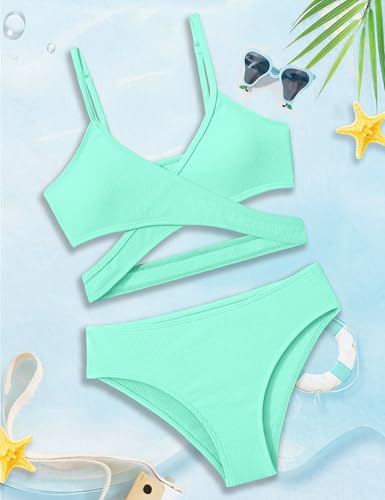 Image of Girls Swimsuit Bikini Set,Criss Cross Bathing Suits for Girl Two Piece Solid Color Girls' Swimwear for 7-16 Years