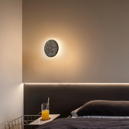Image of DUHU Round Wall Sconce Black,Cement Wall Lamp Hardwired for Hallway,Minimalist Led Wall Light Flat Design,Modern Sconces Lighting for Bedroom,Living Room,Bathroom,9w 3000k,Warm White,Moon Light Wall