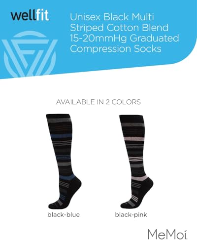 Image of MeMoi Wellfit Unisex Multi Striped Cotton Blend 15-20mmHg Graduated Compression Socks