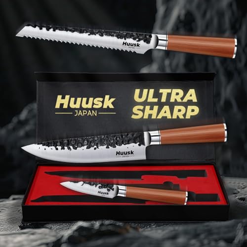 Image of Huusk Japanese Kitchen Knife Set of 3, Professional Chef Knives Set for Kitchen, Sharp Cooking Knife Sets with Bread, Gyutou & Paring Knives, High Carbon Steel Sharp Cutting Knifes, Men Women Gifts