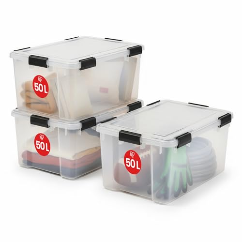 Iris Ohyama Luftdichte Kunststoff-Aufbewahrungsboxen mit Deckel, 50L, 3er-Set, Transparent, Hermetischer wasserdichter Verschluss, Robuste Schnappverschlüsse, Stapelbar, Staubschutz, BPA-frei, AT-L