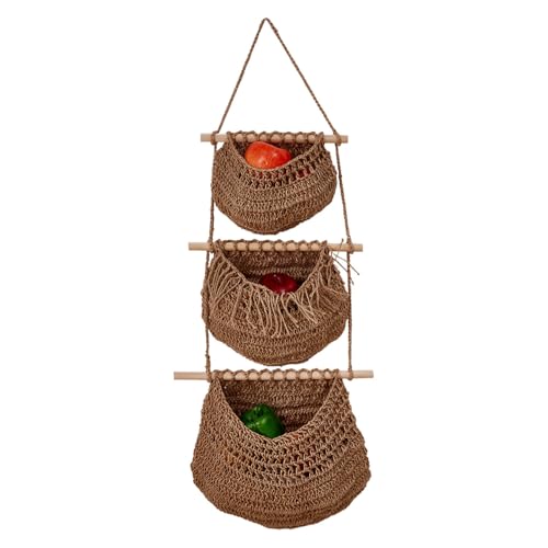 DONGKER Cesto per Frutta da Appendere, Cestino Sospeso di Verdure Intrecciato a 3 Livelli, Cestini Portaoggetti a Mano per Cucina, Bagno, Camera da Letto, Balconi, Ripostigli