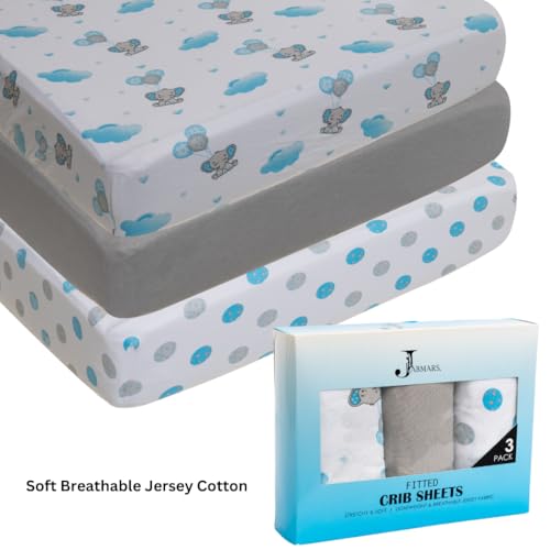 Image of 3 Pack Crib Sheets - Ultra Soft Jersey Cotton Baby Crib Sheets, Breathable Fitted Sheets for Standard Crib Mattress (52 inch x 28 inch), Baby Boy Crib Bedding Set - Blue Grey Elephant