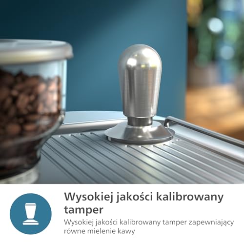 Półautomatyczny ekspres do kawy Philips Barista Brew - pojedyncze i podwójne espresso + przycisk Americano, pojemnik na kawę 250 g, skalibrowany tamper, metaliczny srebrny (PSA3218/01)