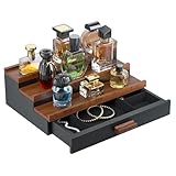 TIRYIUOU Perfume Cologne Organizer for Men: 3 Tier Wooden Perfumes Stand, Desktop Parfum Holder Wood Display Shelf with Cabinet, Bedroom Dresser Makeup Lotion Jewelry Storage Rack with Drawer