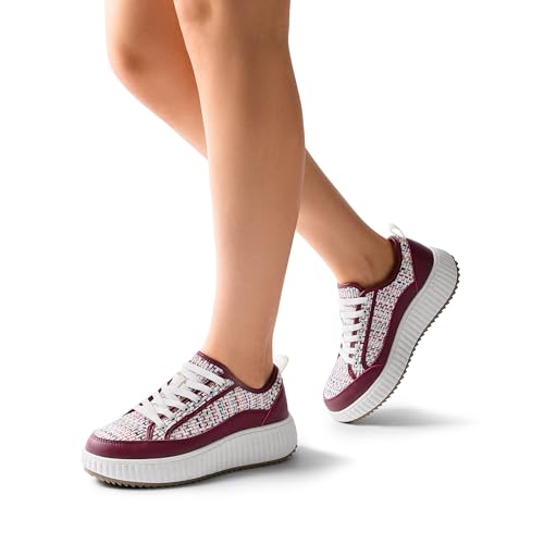 DREAM PAIRS Women Platform Chunky Lightweight Comfortable Casual Lace-Up Sky Walking Fashion Sneakers,Size 7,Burgundy,SDFN2415W