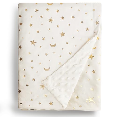 Image of YCHWFF Baby Blankets for Unisex Boys Girls, Super Soft Nursery Minky Blankets with Muslin Cotton Front and Dotted Fleece Backing, Star and Moon Printed 30 x 40 Inch Receiving Blanket (Beige)