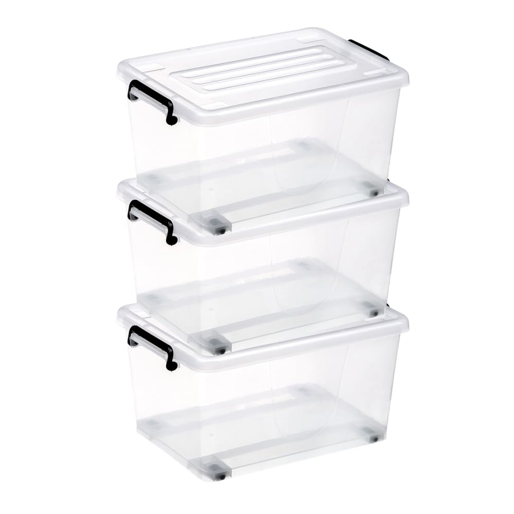 POSH Transparente Aufbewahrungsbox mit Deckel und Rollen 15/30/50/60/80 Liter, 3er-Set, Kunststoffbox stapelbar für Haushalt, Verschlussclips, Organisation (3x 60L)