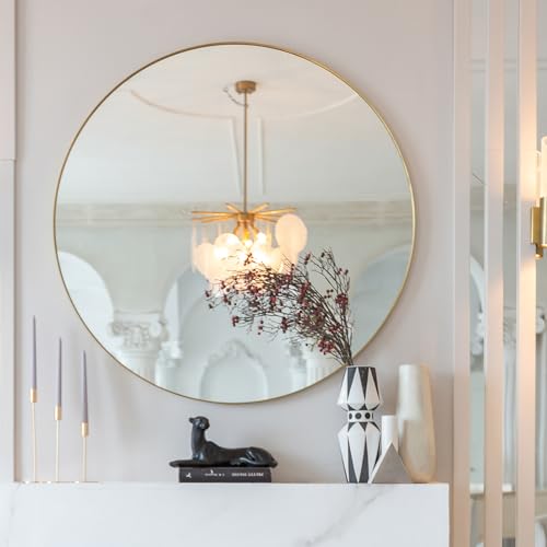 48 Inch Round Wall Mirror Gold Metal Framed Circle Mirror Modern Style HD Vanity Mirror Wall-Mounted for Entryways, Bathroom or Dorm