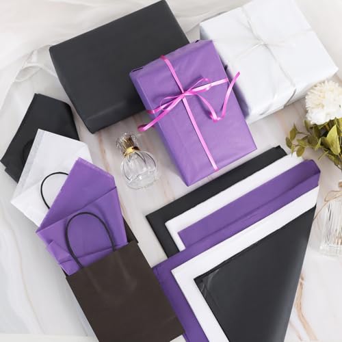Image of BEISHIDA 90 Sheets Purple Black White Tissue Paper Bulk, Halloween Wrapping Tissue Paper for Gift Bags, 14 x 20 Inch Gift Wrap for Halloween Graduation Birthday DIY Crafts Holiday Flowers