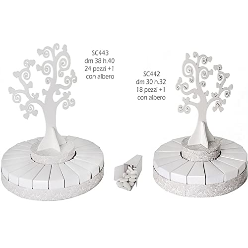 Estructura de tarta con porciones para peladillas de color blanco y árbol de la vida de madera, bomboneras hechas por ti mismo para bodas, bautizos, comuniones (18 rebanadas), sin paquete