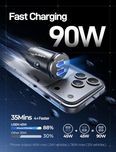 LISEN 90W USB C Car Charger USB C Fast Charge, 45W PD&QC 3.0 Fast Car Charger